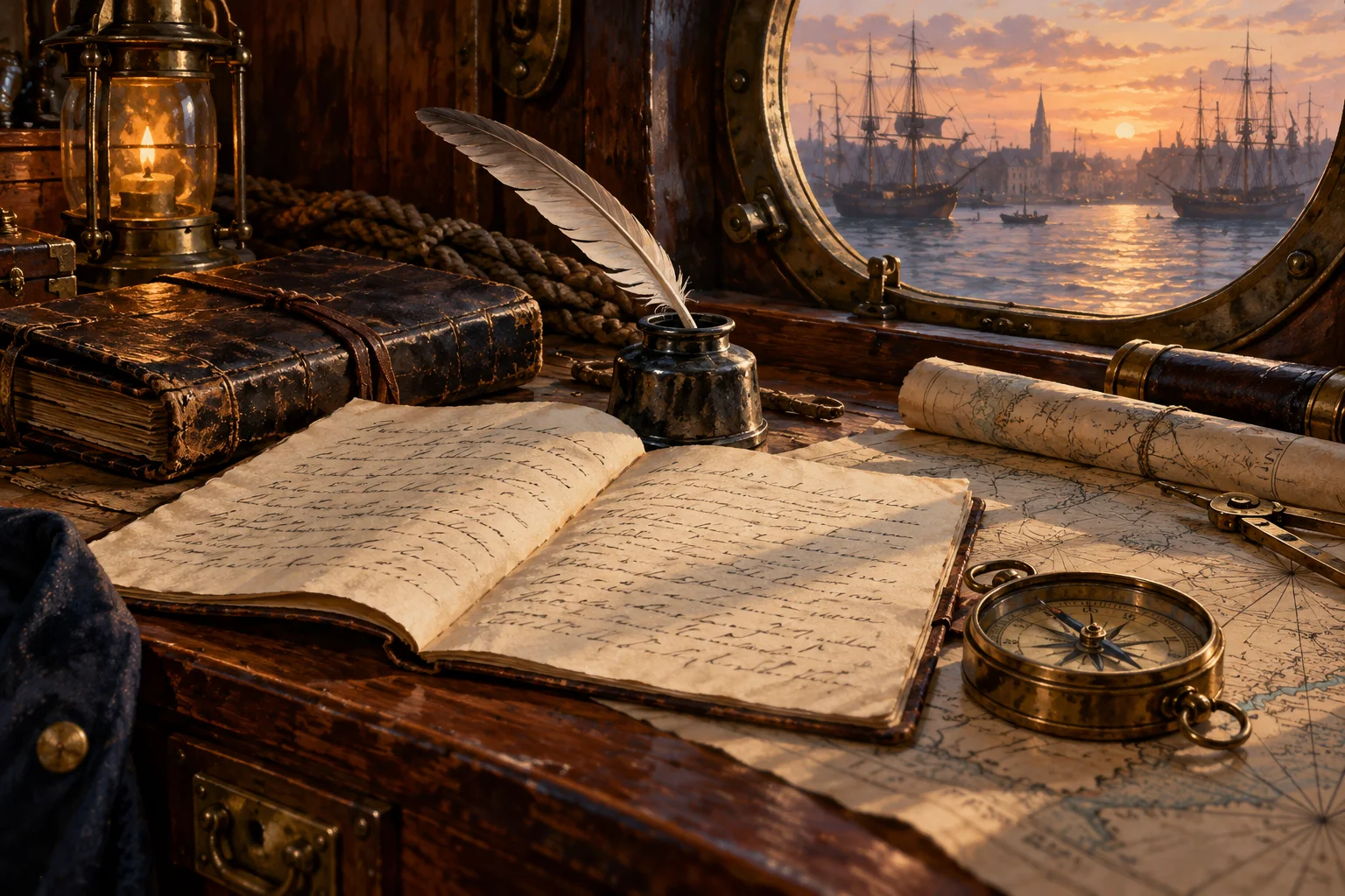 A shipboard desk with a journal, quill and folded charts beside a harbor view