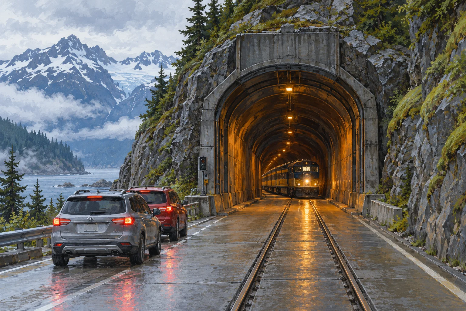 Editorial illustration of a train and cars taking turns through Alaska's shared rail-and-road mountain tunnel.