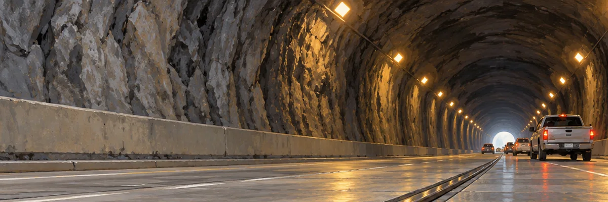 Editorial illustration of embedded rails running flush through a paved roadway inside a mountain tunnel.